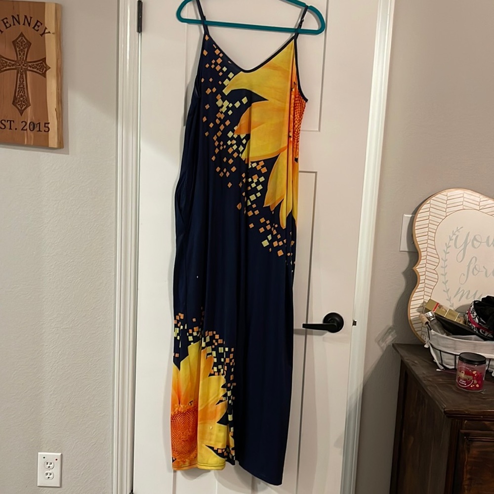 Navy Blue Sunflower Maxi Dress w/ Pockets